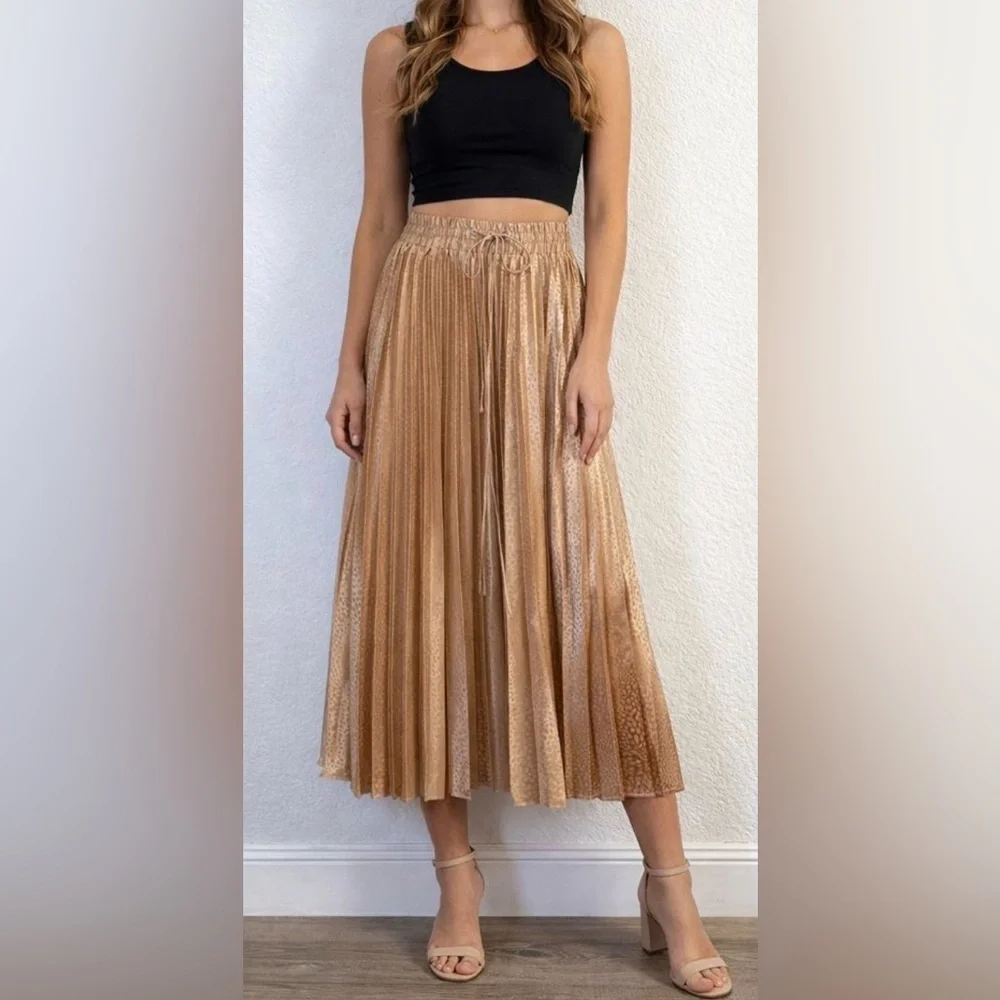Jodifl Gold Pull On Stretch Waist Cheetah Animal Print Pleated Long Skirt Small